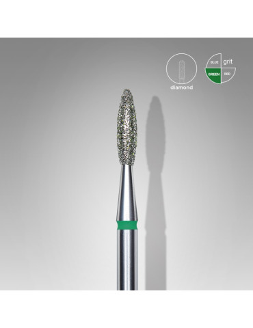 Diamond nail drill bit, flame, green, head diameter 2,1 mm/ working part 8 mm (FA10G021/8) Staleks